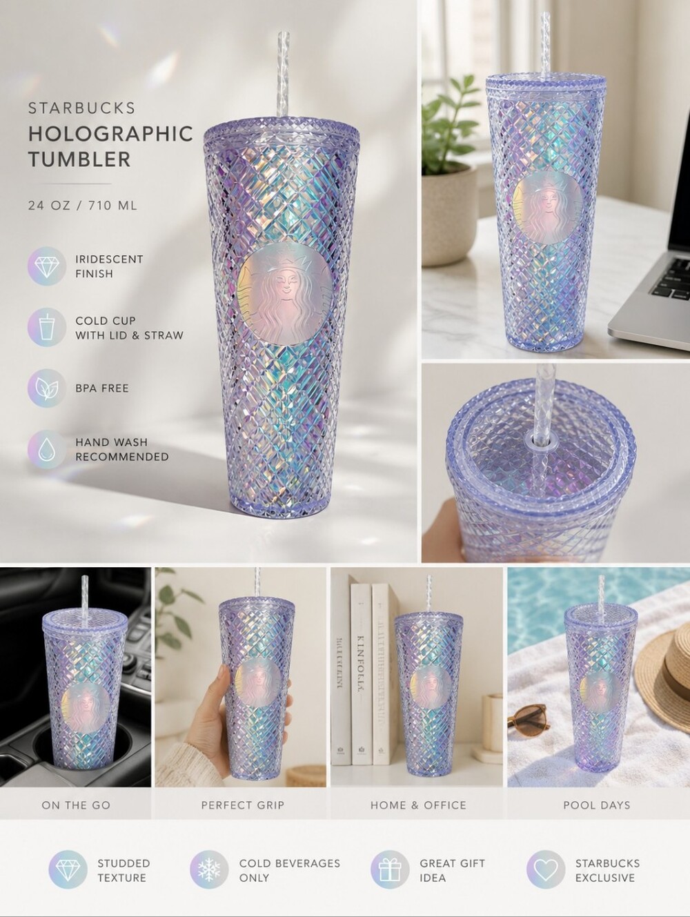 Starbucks 2022 Holiday Iridescent Unicorn Jeweled Tumbler Venti 24oz